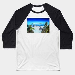 Close to the Edge Fantasy Print Mountain Lake Surreal Art Baseball T-Shirt